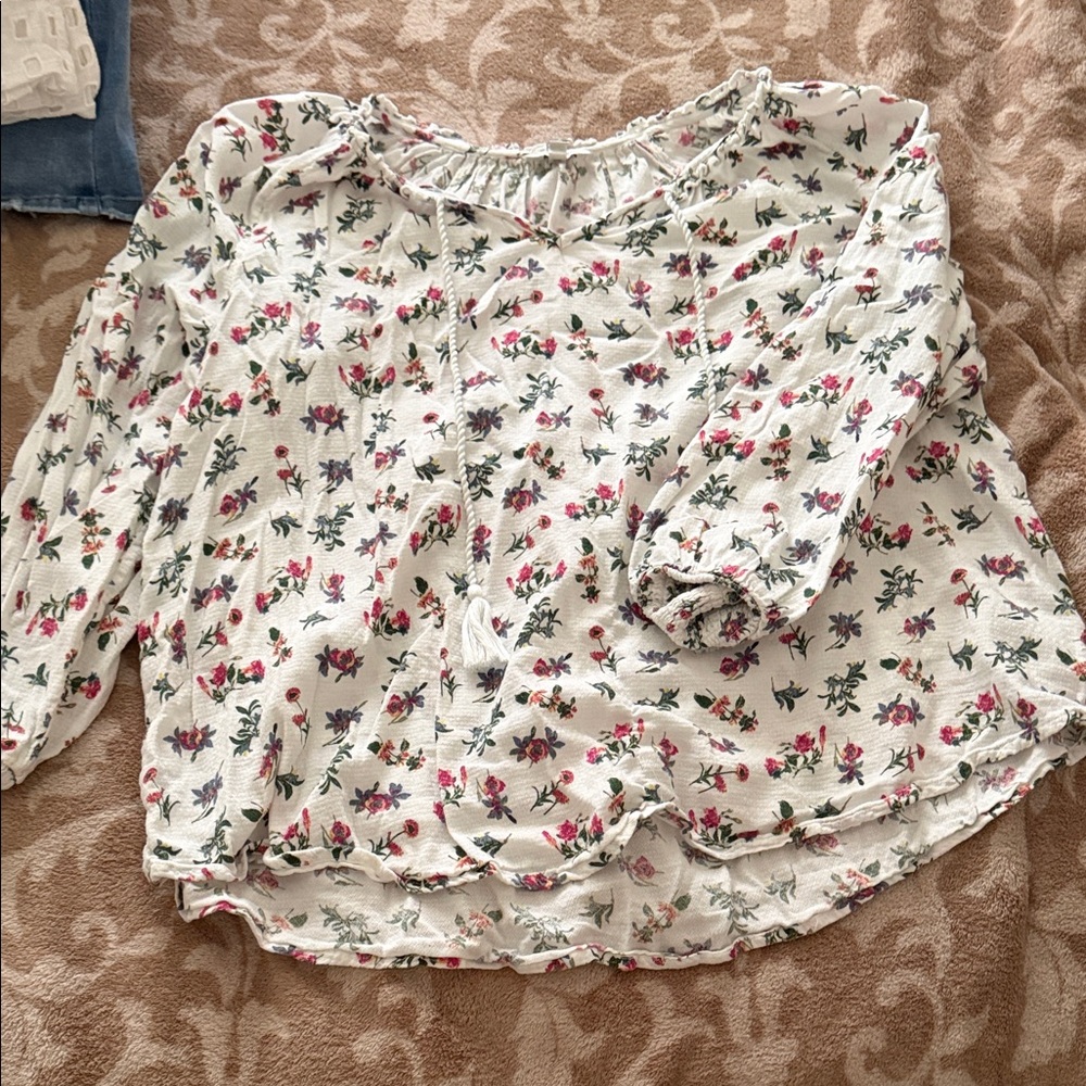 Lucky Brand Cream Floral Peasant Top with Pink & Green Print